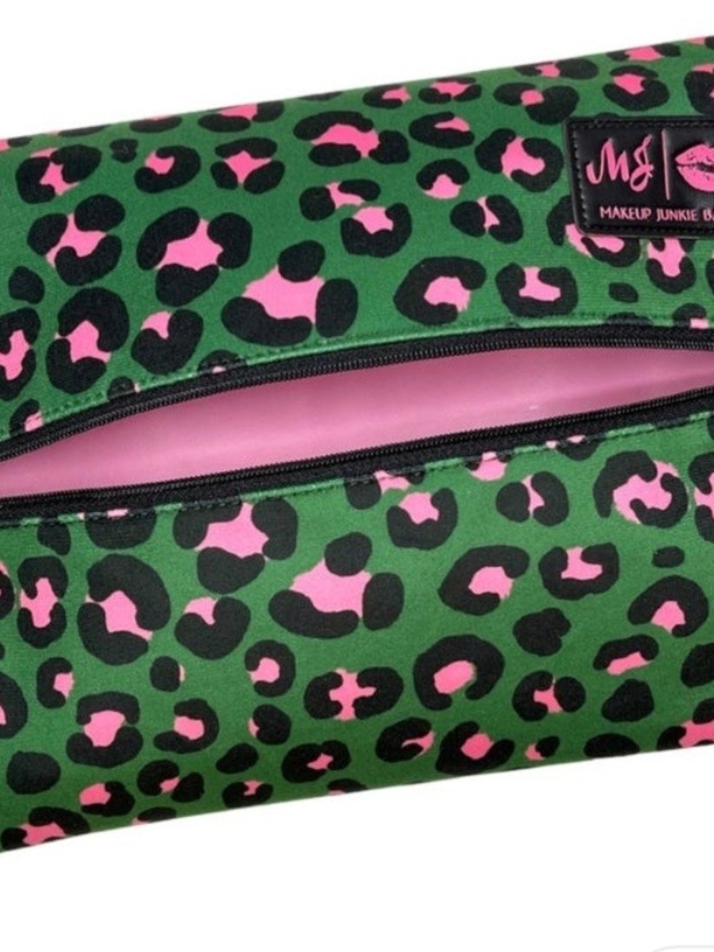 Makeup Junkie Green & Pink Leopard Print Cosmetic Bag
